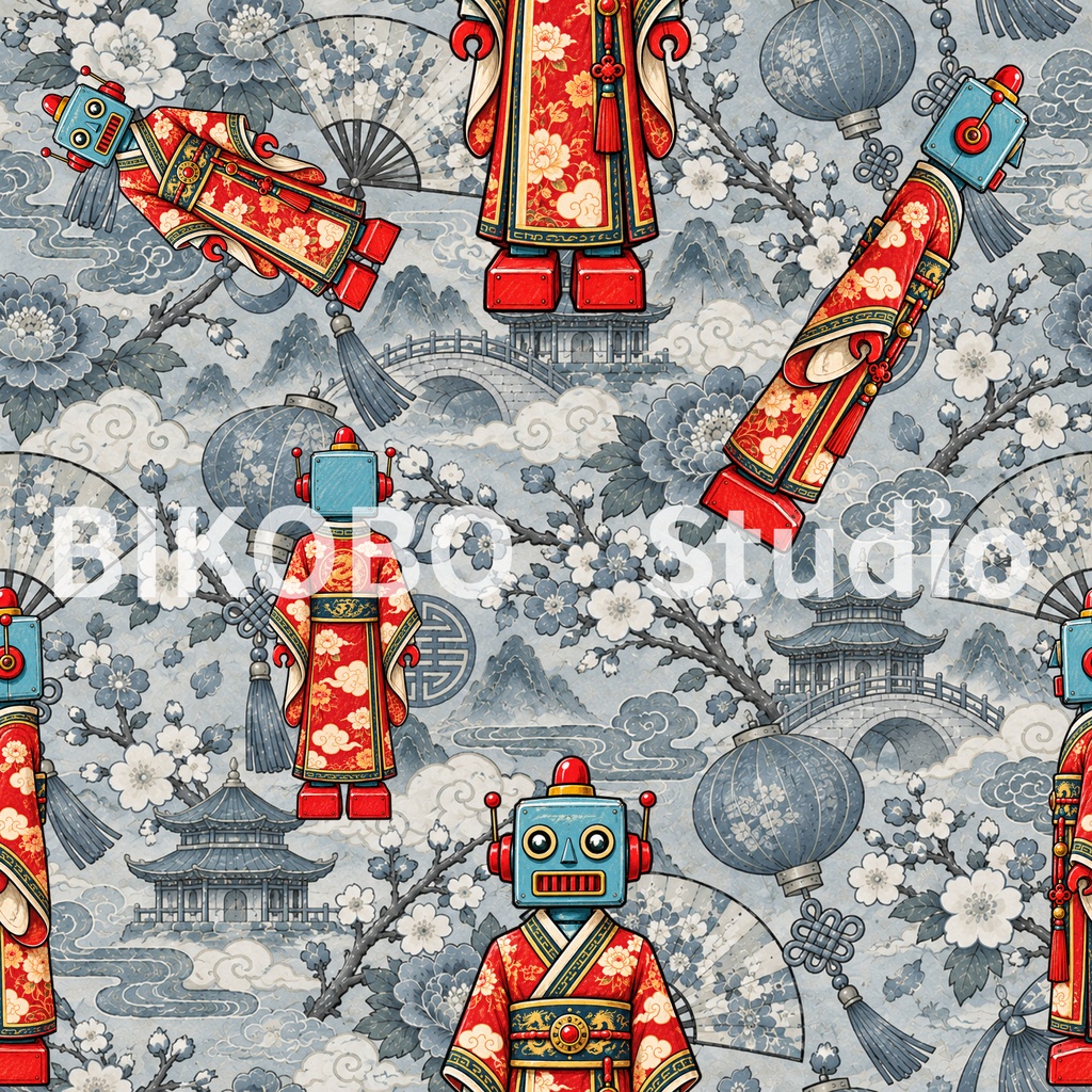 世界の民族衣装ロボット|アジア編・昭和レトロ風 全9柄18枚|Robots in Traditional Dress – Asia Edition|Seamless PNG Digital Paper・Commercial Use OK