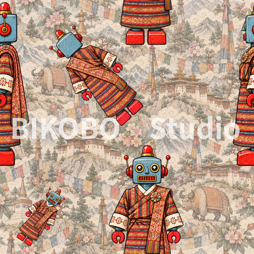 世界の民族衣装ロボット|アジア編・昭和レトロ風 全9柄18枚|Robots in Traditional Dress – Asia Edition|Seamless PNG Digital Paper・Commercial Use OK