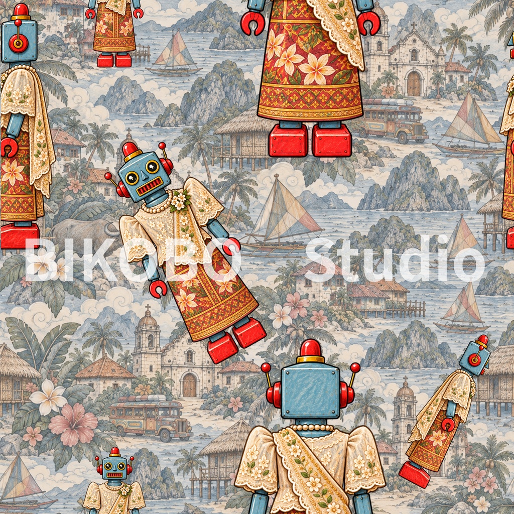 世界の民族衣装ロボット|アジア編・昭和レトロ風 全9柄18枚|Robots in Traditional Dress – Asia Edition|Seamless PNG Digital Paper・Commercial Use OK