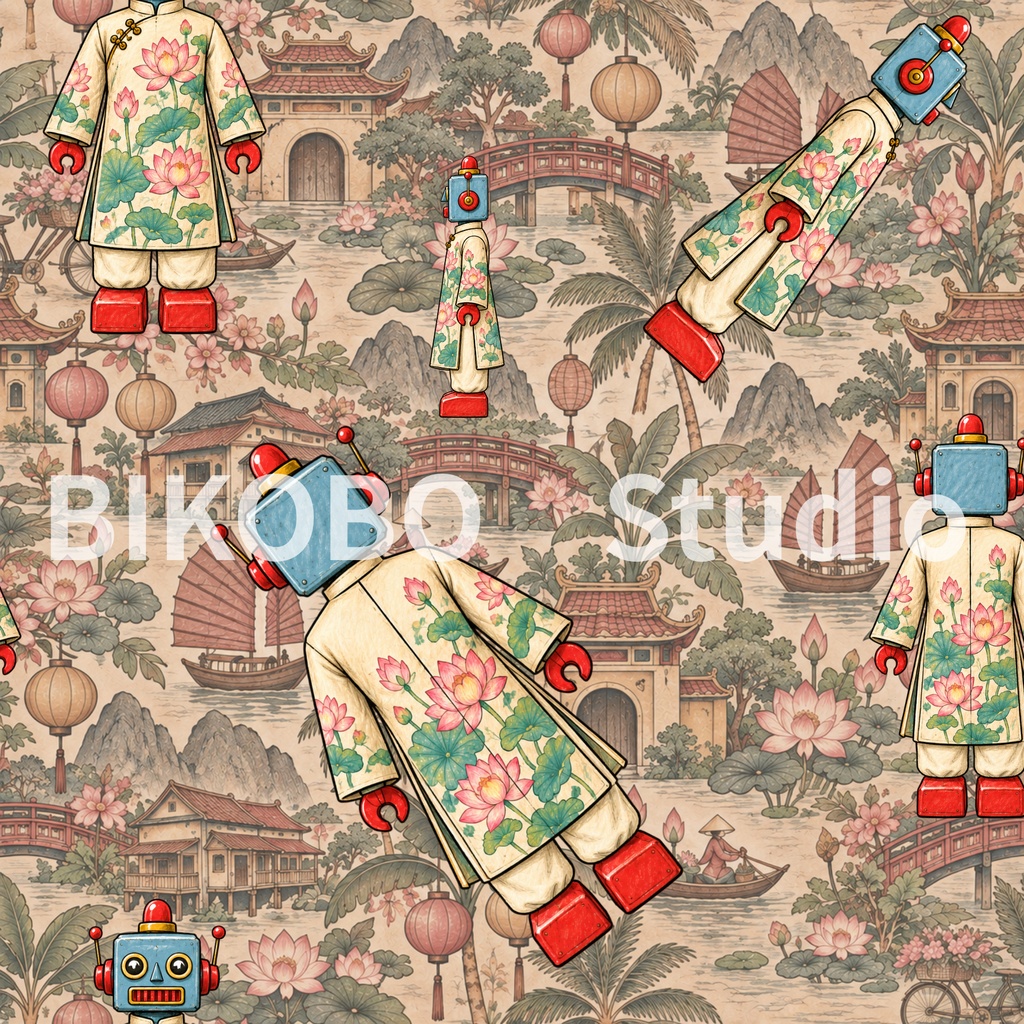 世界の民族衣装ロボット|アジア編・昭和レトロ風 全9柄18枚|Robots in Traditional Dress – Asia Edition|Seamless PNG Digital Paper・Commercial Use OK