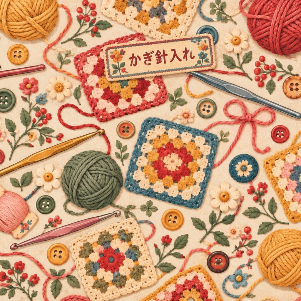昭和の手芸箱|かぎ針入れ|レトロ手編み道具柄