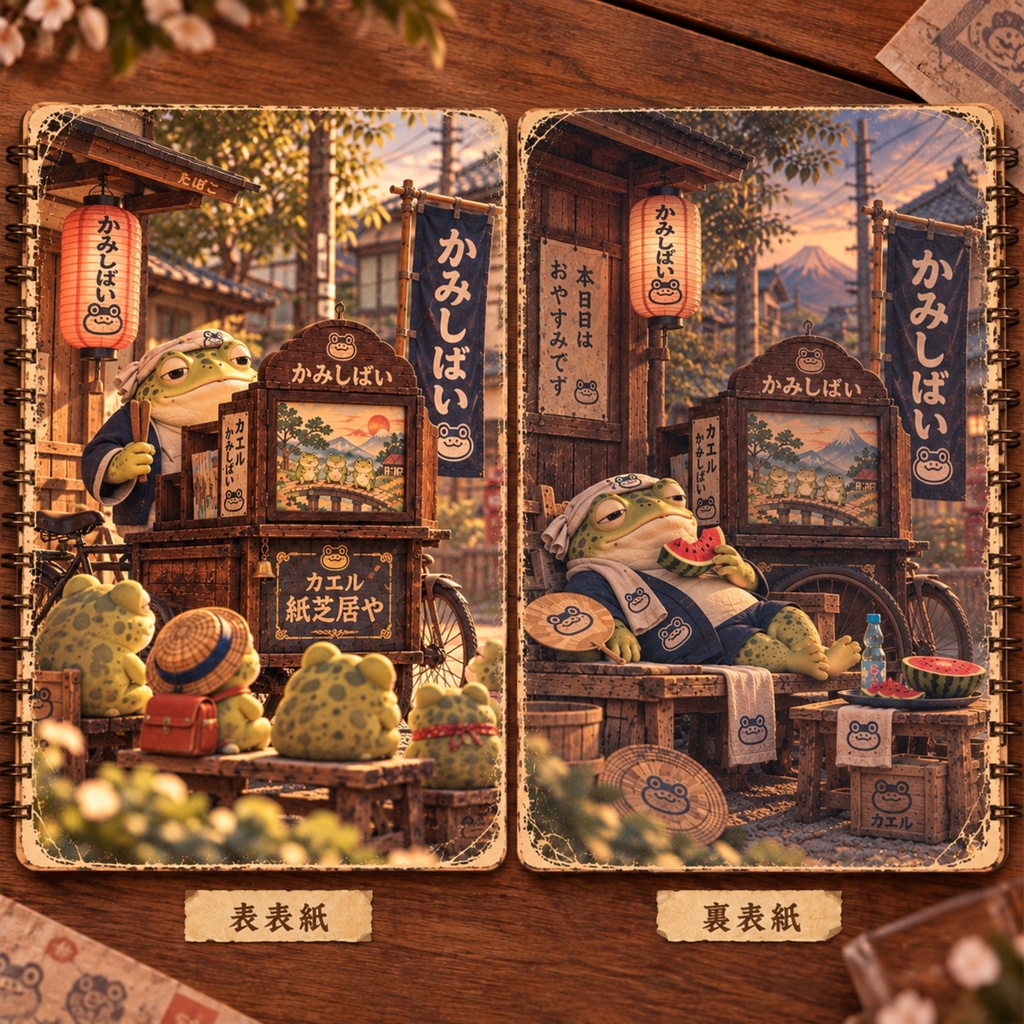 働くカエルの業務日誌｜カエル紙しばい｜Showa Retro Frog Kamishibai｜A5 Ring Notebook