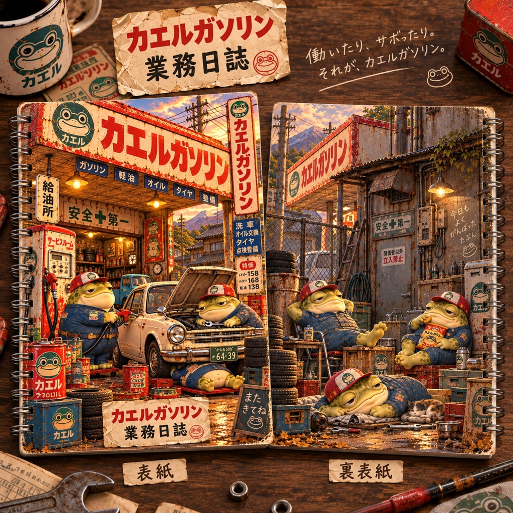 働くカエルの業務日誌｜カエルガソリン｜昭和レトロ リングノート