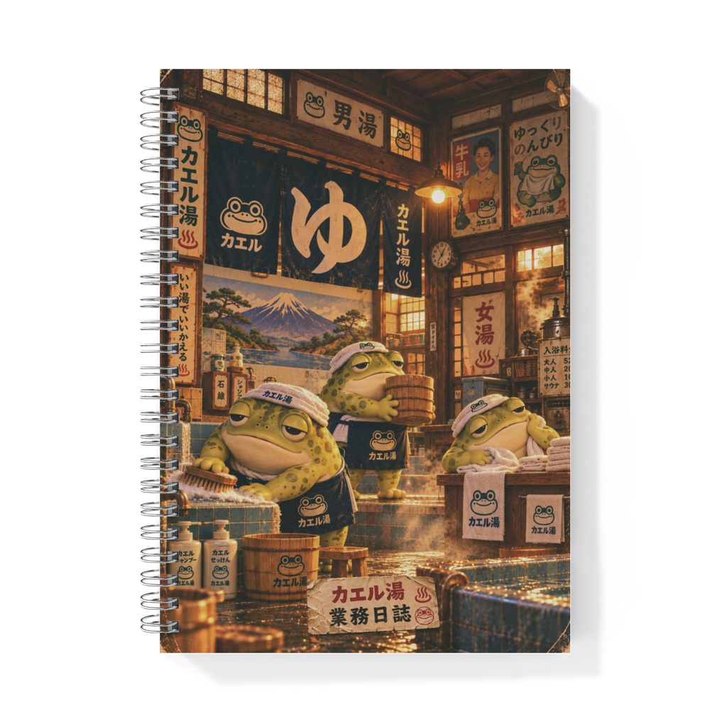 働くカエルの業務日誌|カエル銭湯|Showa Retro Frog Sento|A5 Ring Notebook