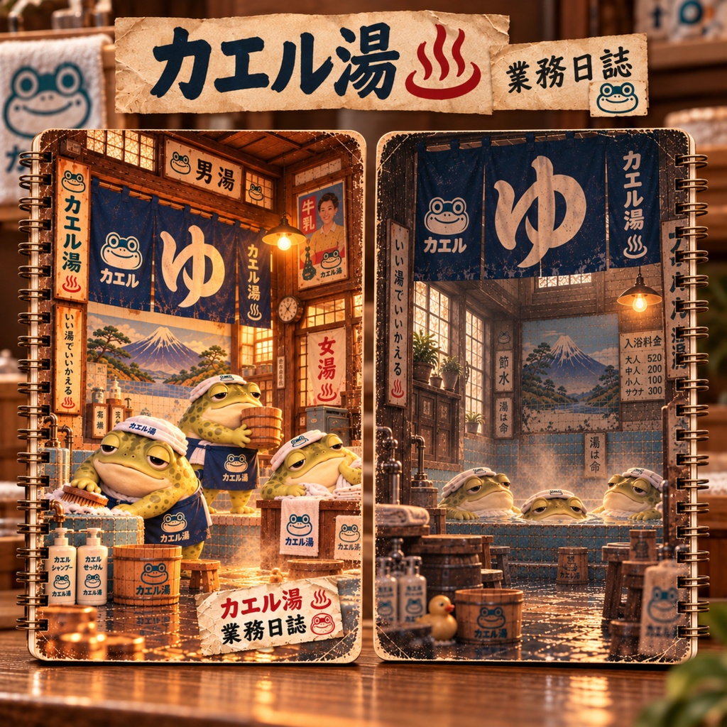 働くカエルの業務日誌｜カエル銭湯｜Showa Retro Frog Sento｜A5 Ring Notebook