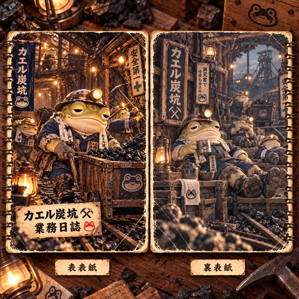働くカエルの業務日誌｜カエル炭坑｜Showa Retro Frog Coal Mine｜A5 Ring Notebook