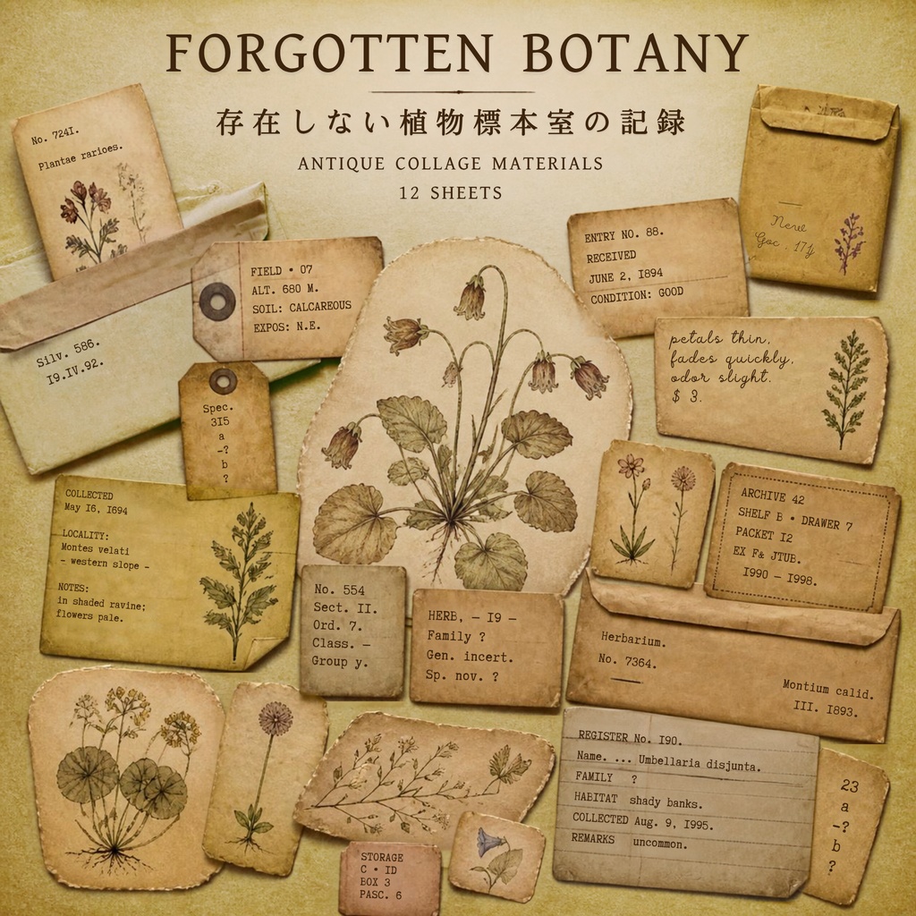 FORGOTTEN BOTANY｜存在しない植物標本室の記録｜アンティークコラージュ素材 12枚セット