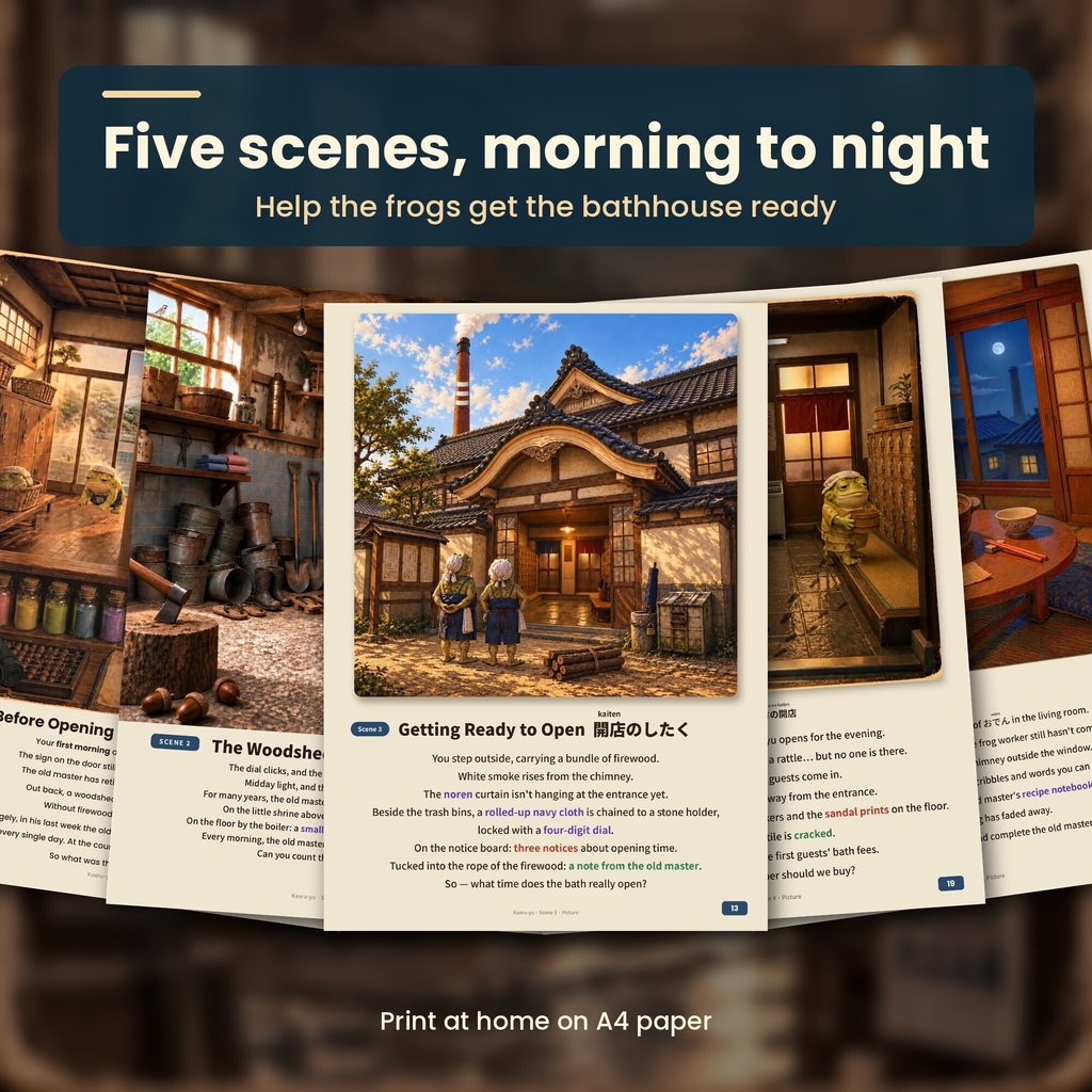 Kaeru-yu: The Mystery of the Colored Smoke | Printable Japanese Mystery Adventure | Showa Retro Bathhouse | A4 PDF