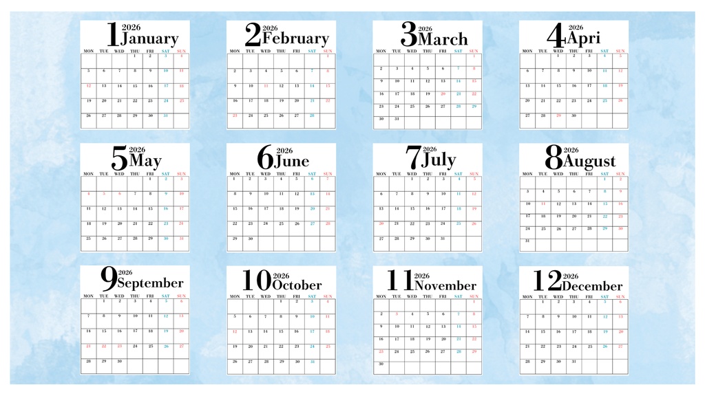 2026年カレンダー(12ヶ月)枠あり