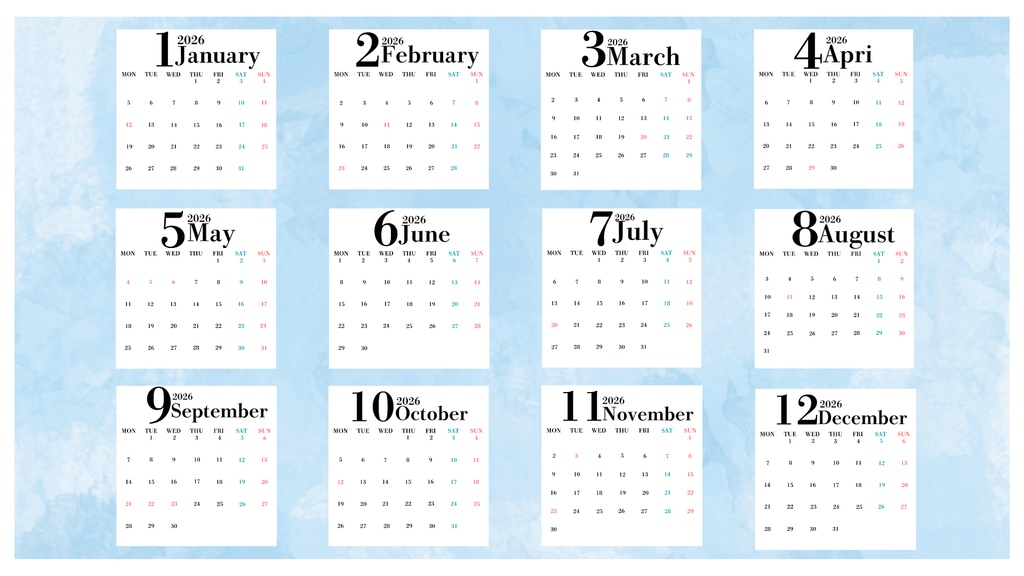 2026年カレンダー(12ヶ月)枠なし