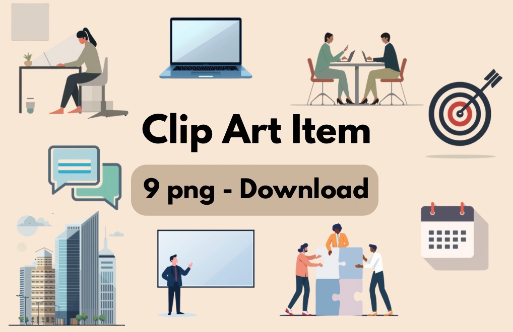 Business Scene Illustration Clipart – 9 PNG Set（ビジネスシーン・イラスト クリップアート 9点セット）