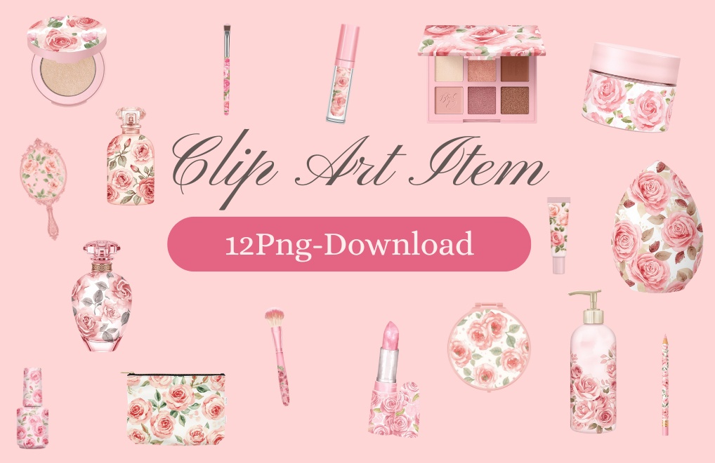 【薔薇模様コスメ】水彩アンティーク風クリップアート17点セット ｜ PNG背景透過