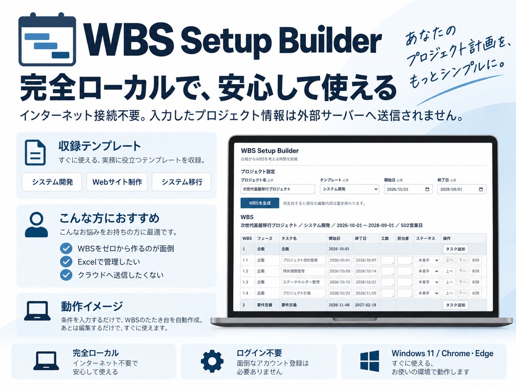 WBS Setup Builder|条件入力からWBSを自動作成・Excel/CSV出力対応
