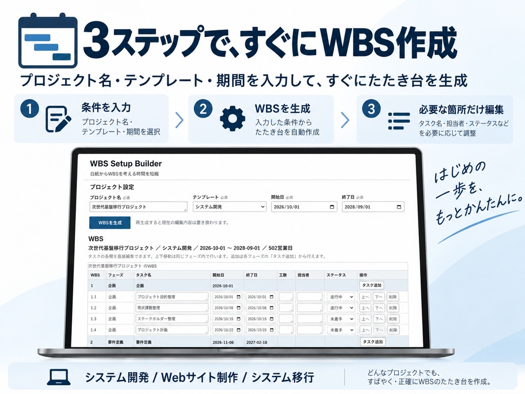 WBS Setup Builder|条件入力からWBSを自動作成・Excel/CSV出力対応