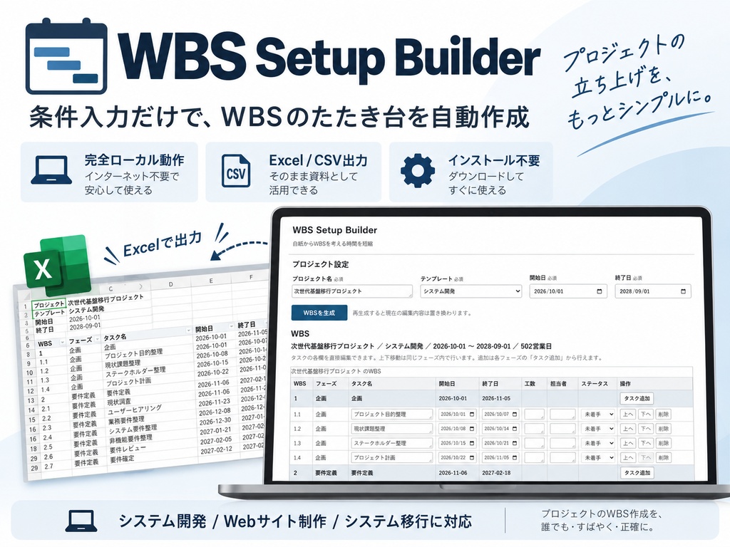 WBS Setup Builder｜条件入力からWBSを自動作成・Excel/CSV出力対応