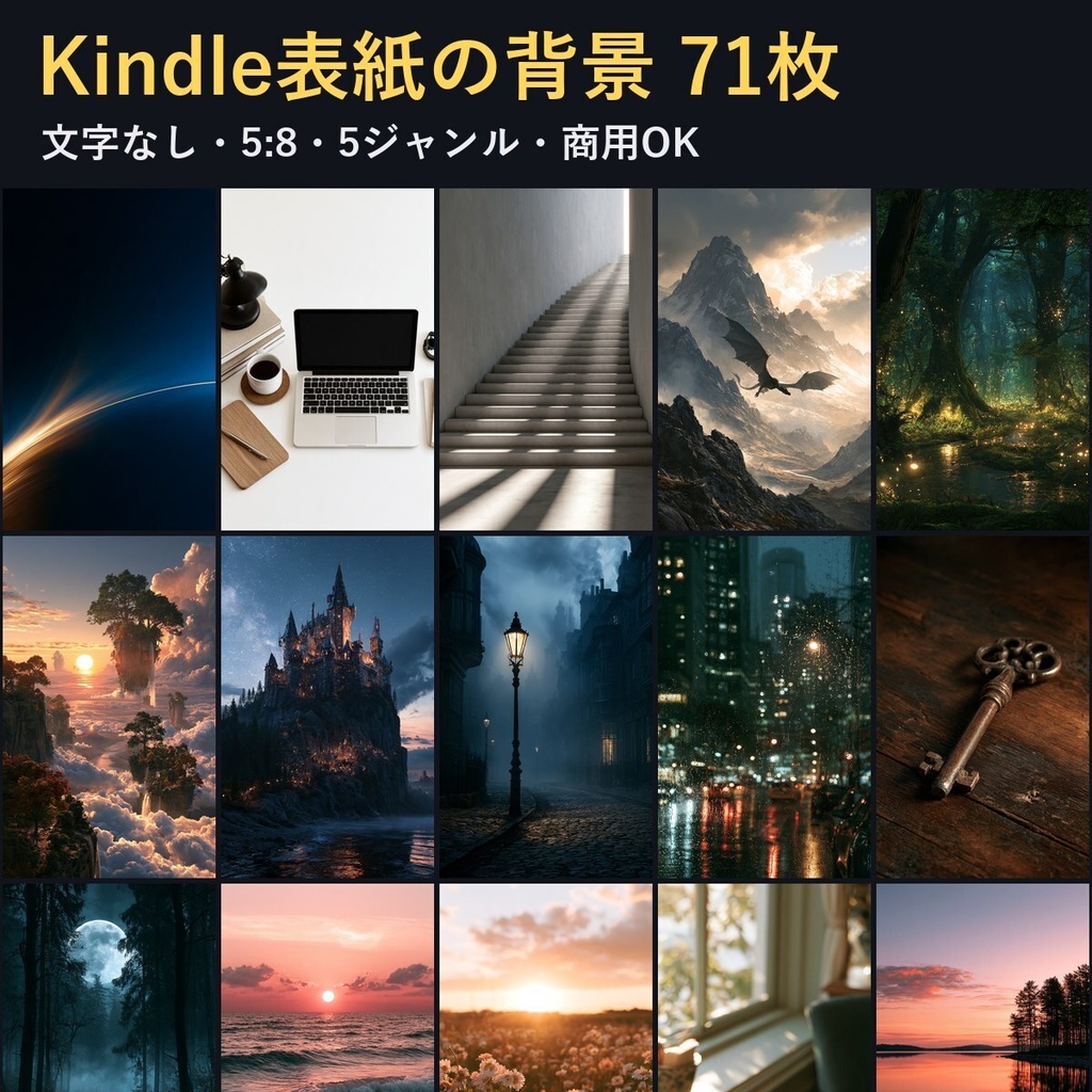【文字なし】Kindle・電子書籍の表紙 背景素材 71枚｜KDP・5:8・5ジャンル・商用OK（AI生成）