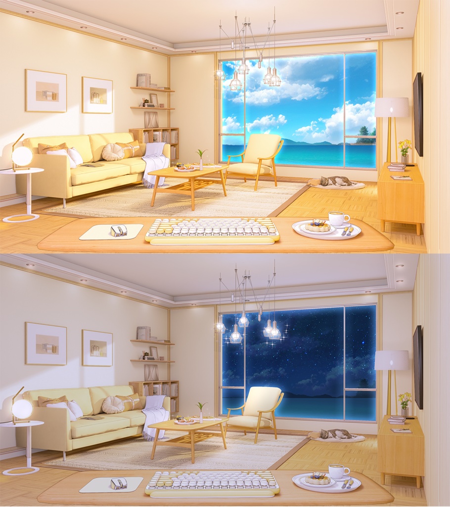 【動く配信背景+UI】冬の暖かいリビング部屋 5色&遊戯&雑談&歌回&夜