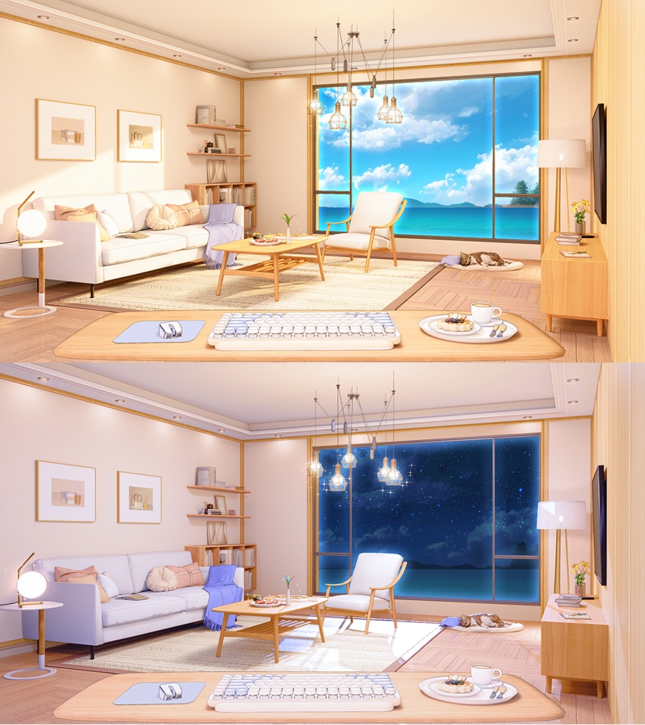 【動く配信背景+UI】冬の暖かいリビング部屋 5色&遊戯&雑談&歌回&夜