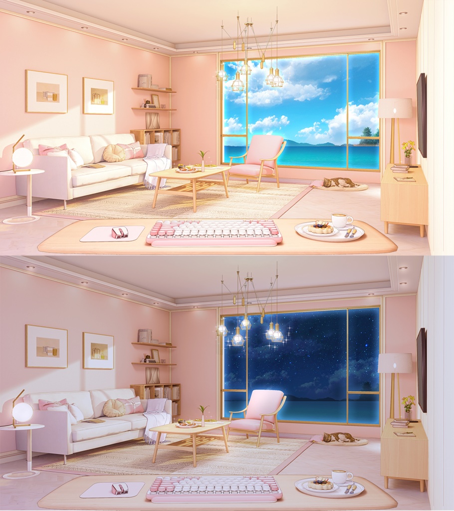 【動く配信背景+UI】冬の暖かいリビング部屋 5色&遊戯&雑談&歌回&夜