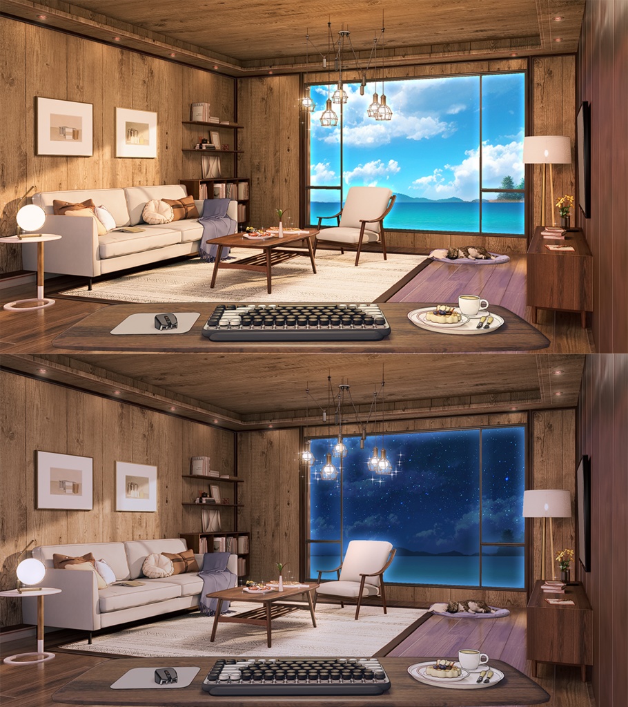 【動く配信背景+UI】冬の暖かいリビング部屋 5色&遊戯&雑談&歌回&夜