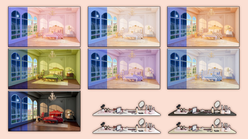 【動く配信背景】無料&有料宮殿風ベッドルーム 7色&夜