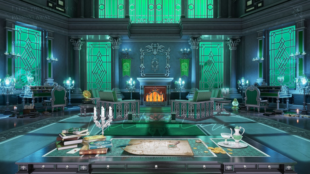 vtuber 魔法学校 動的配信 背景 湖底 自習室 + UI