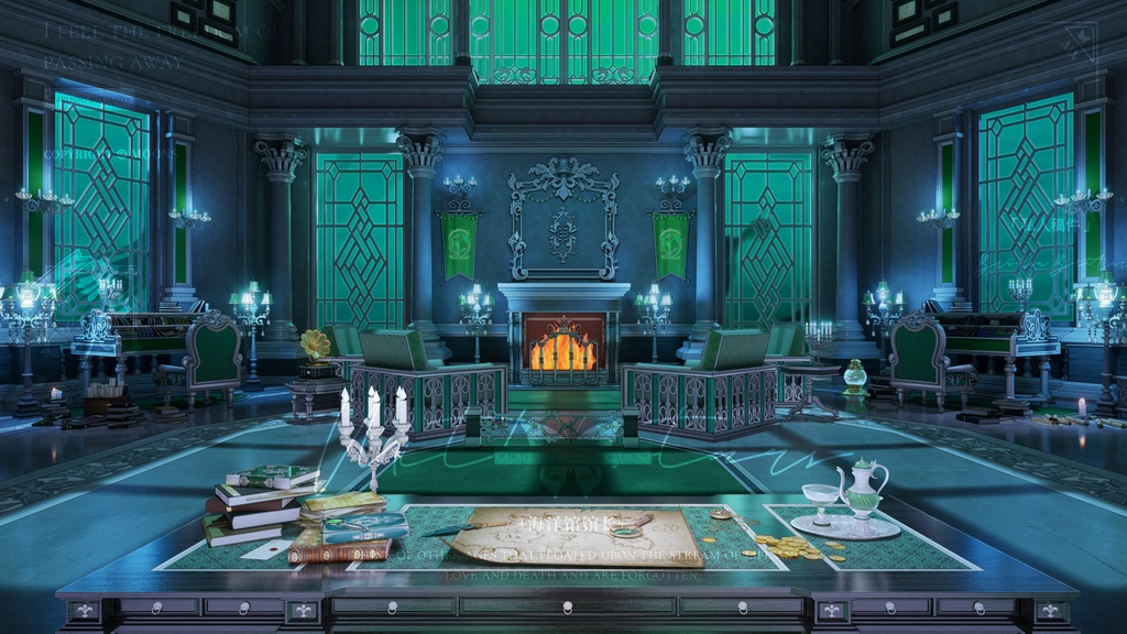 vtuber 魔法学校 動的配信 背景 湖底 自習室 + UI