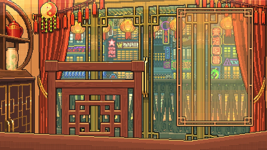 【動く】ネオンの街が見える中華風背景素材（点灯）【ドット絵】