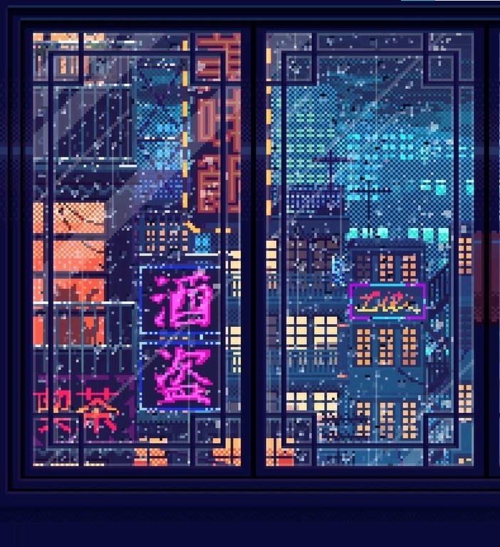 【動く】サイバーパンクの街背景素材2/雨【ドット絵】