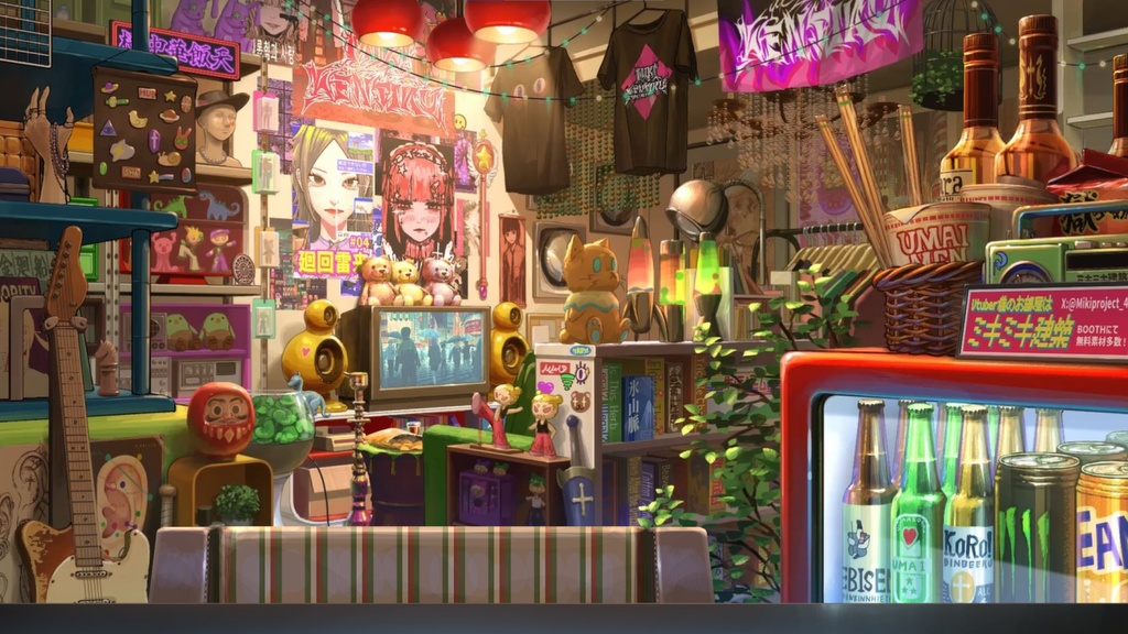 【ちょっと動く】ごちゃごちゃレトロ部屋背景_無料版
