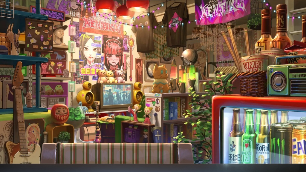 【ちょっと動く】ごちゃごちゃレトロ部屋背景_有料版