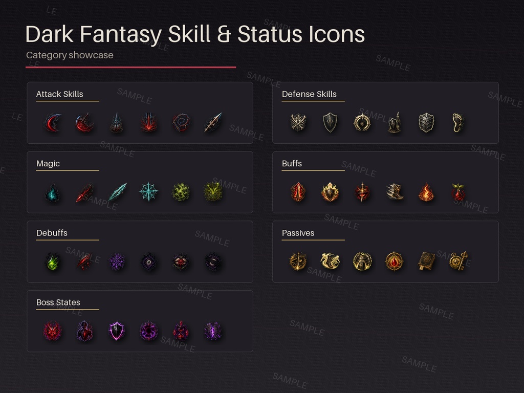 ダークファンタジー スキル&ステータスアイコン素材集 120種 / Dark Fantasy Skill & Status Icons