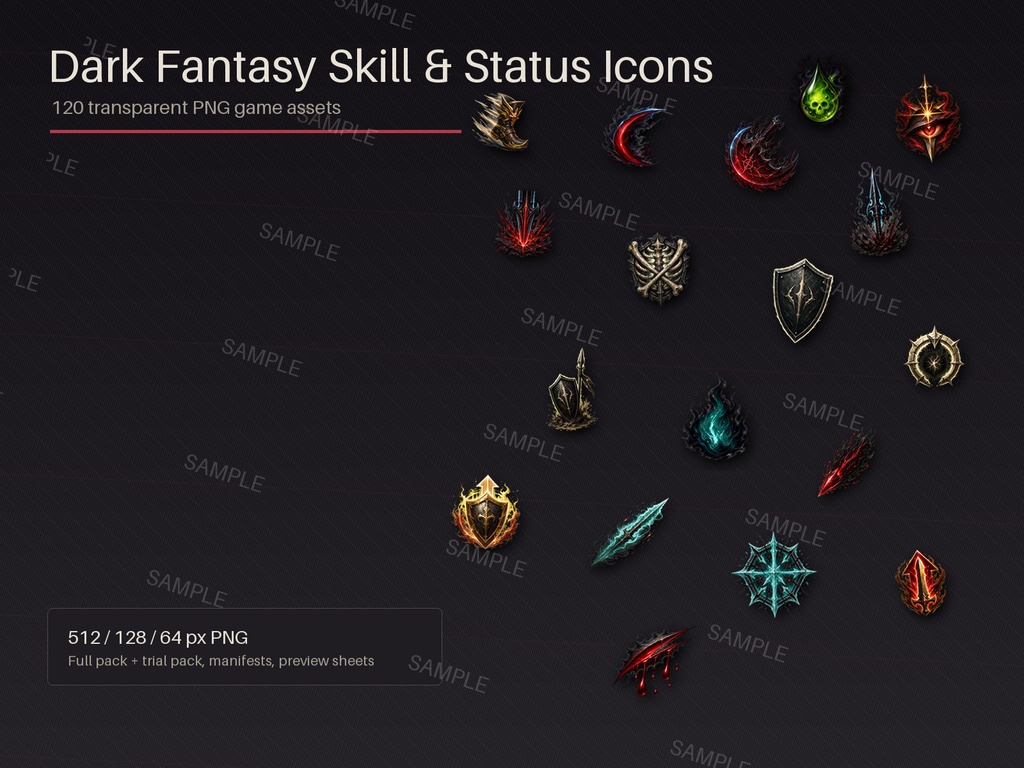 ダークファンタジー スキル&ステータスアイコン素材集 120種 / Dark Fantasy Skill & Status Icons