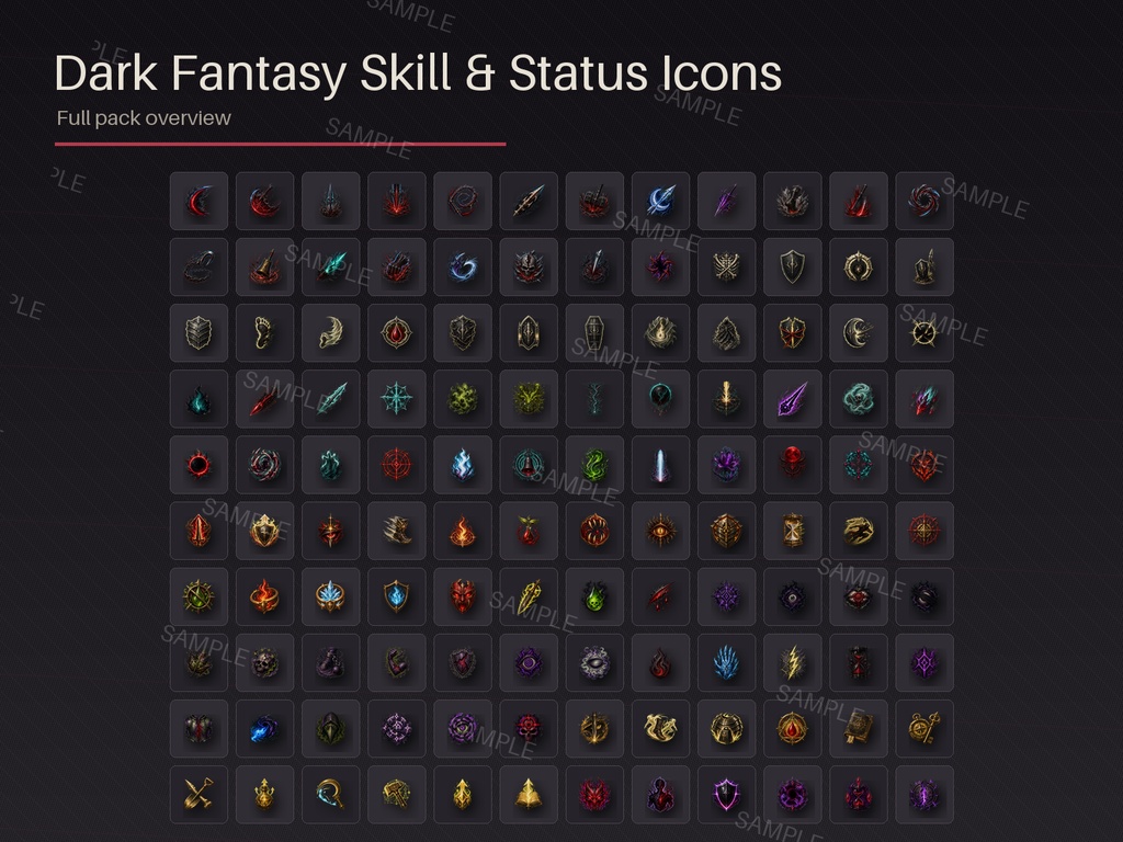 ダークファンタジーアイコン 2パックバンドル 合計220種(RPGアイテム + スキル&ステータス)/ Dark Fantasy Icons 2-Pack Bundle