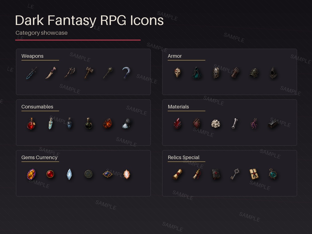 ダークファンタジーアイコン 2パックバンドル 合計220種(RPGアイテム + スキル&ステータス)/ Dark Fantasy Icons 2-Pack Bundle