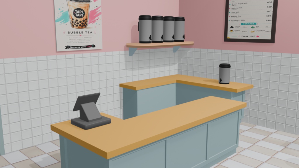 【無料】タピオカ店の内装3Dモデル「TAPI TAPI」|配信背景・イラスト下絵・同人素材(blend/glb/fbx)