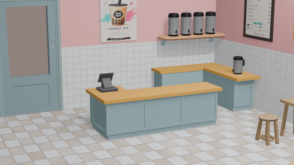 【無料】タピオカ店の内装3Dモデル「TAPI TAPI」｜配信背景・イラスト下絵・同人素材（blend/glb/fbx）
