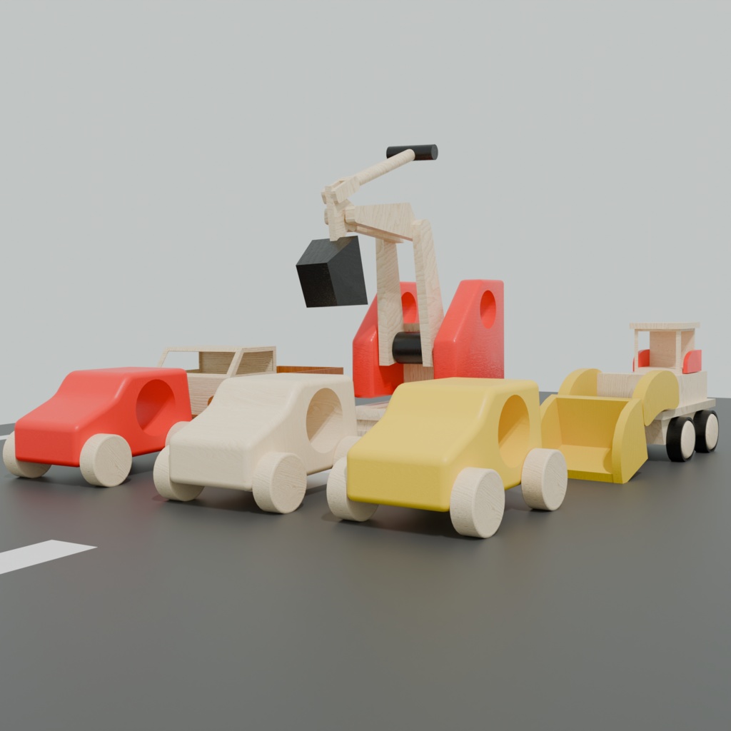 木の車のおもちゃセット『Blender3Dモデル』