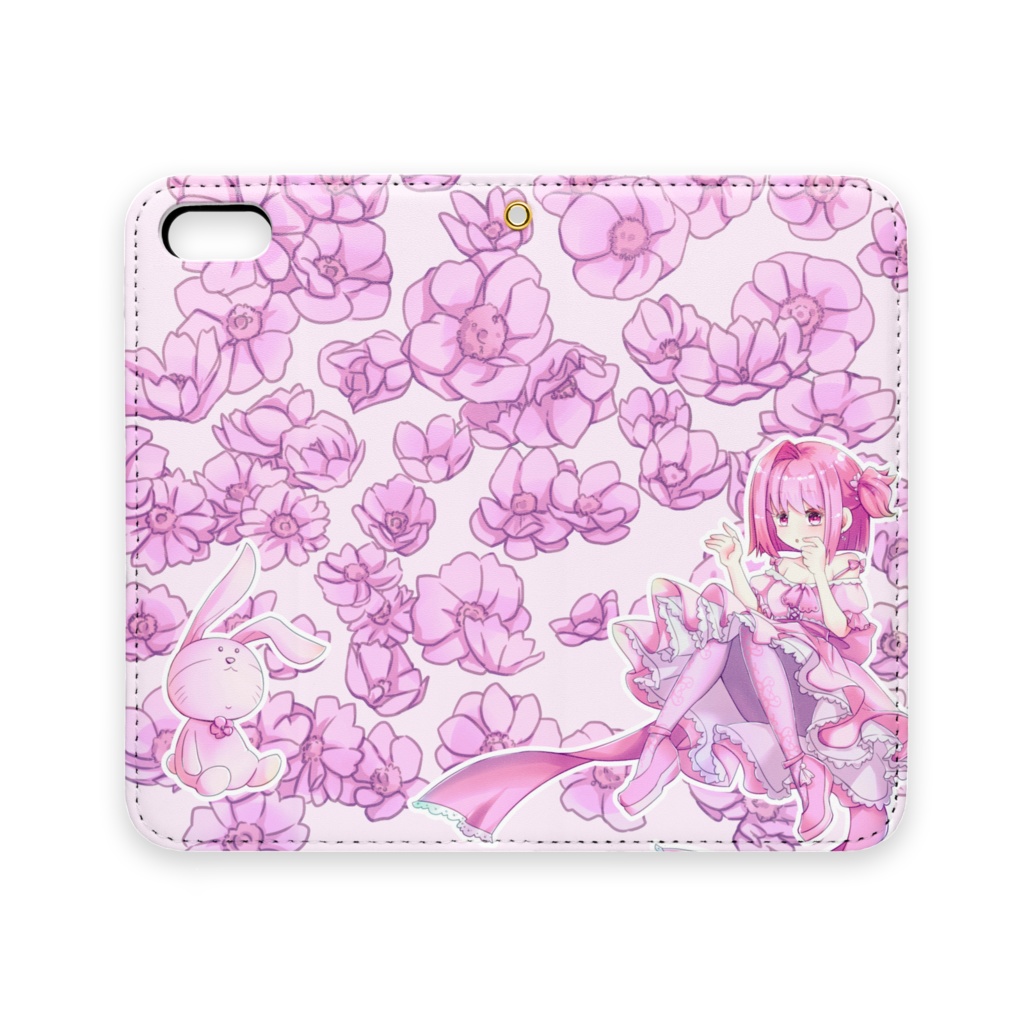 ピンクのアネモネとうさちゃんと少女のスマホケース