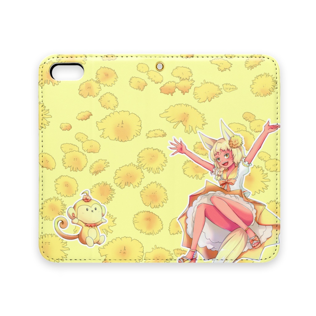 黄色いタンポポとおさるさんと少女のスマホケース