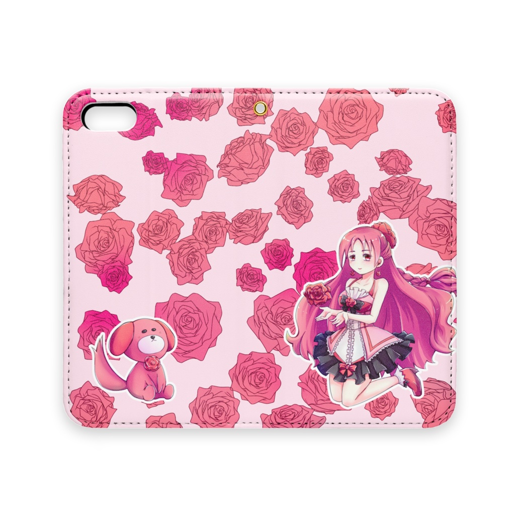 赤いバラとワンちゃんと少女のスマホケース