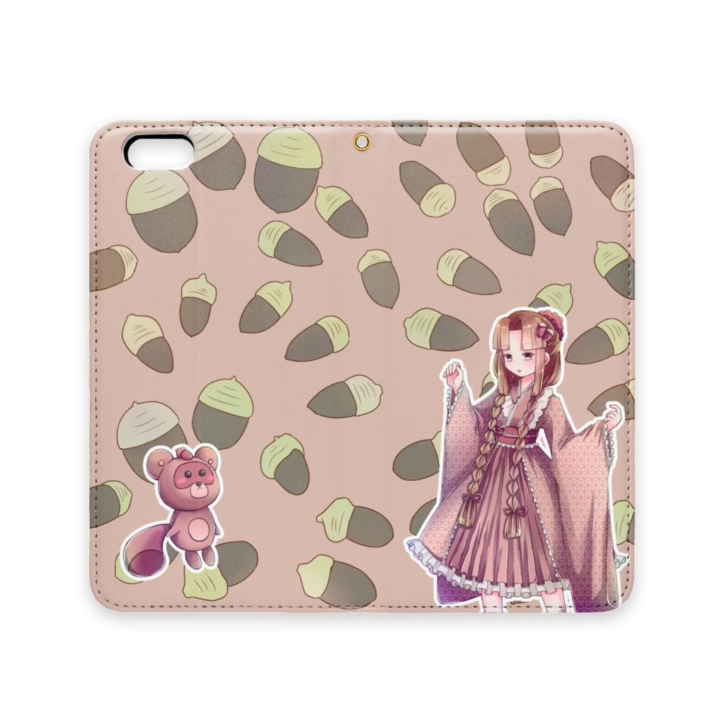 茶色のどんぐりとタヌキさんと少女のスマホケース