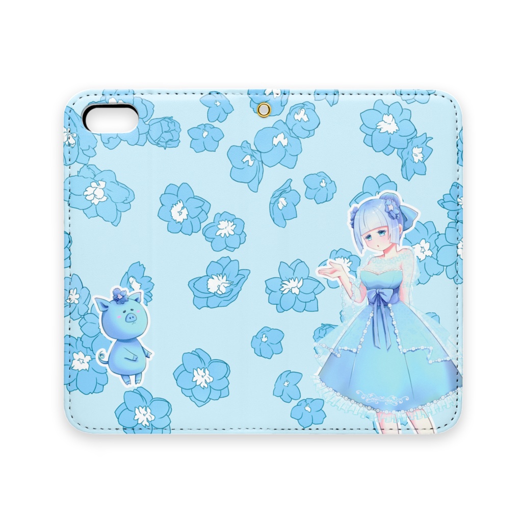 水色のデルフィニウムとブタさんと少女のスマホケース