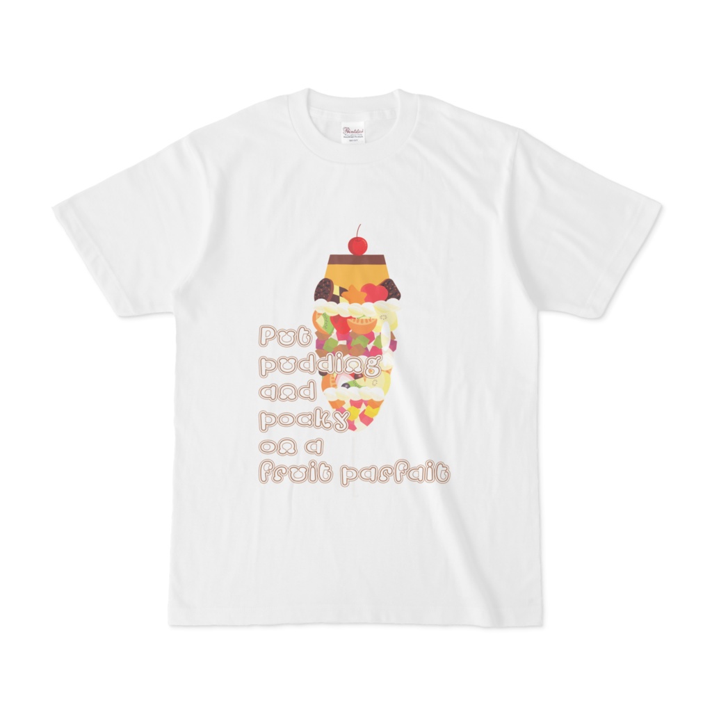 フルーツパフェにプリンとポッキーをのせて