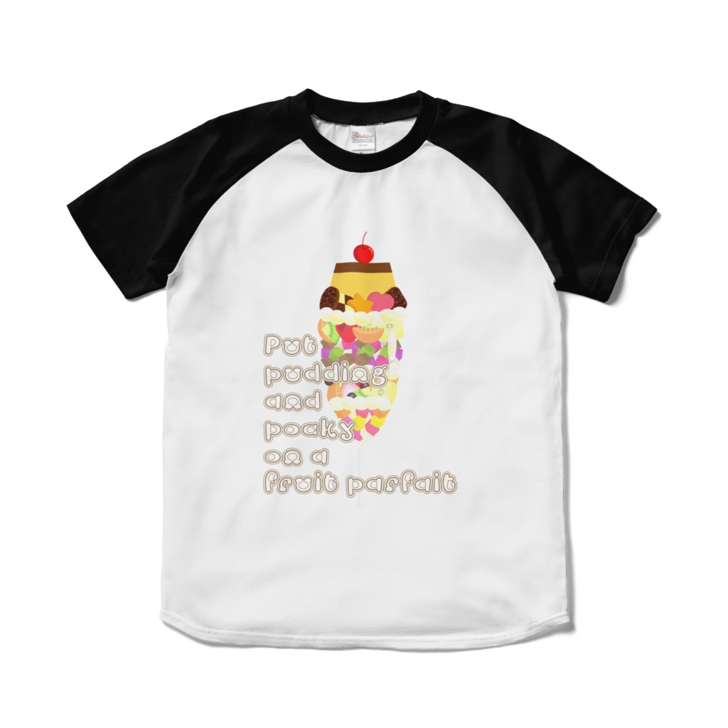 フルーツパフェにプリンとポッキーをのせて