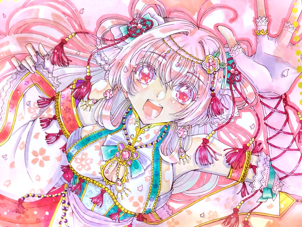 🌸アナログ原画 手描きイラスト 桜模様の着物の美少女🌸