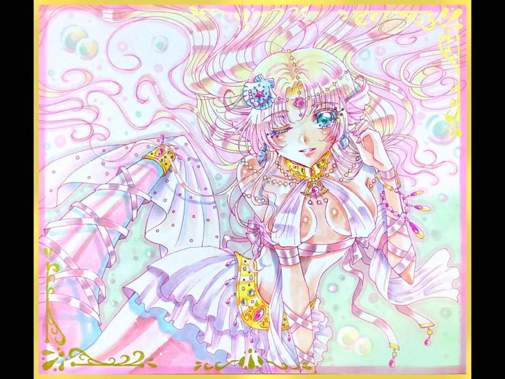 【手描きイラスト色紙】金髪ピンクの人魚姫