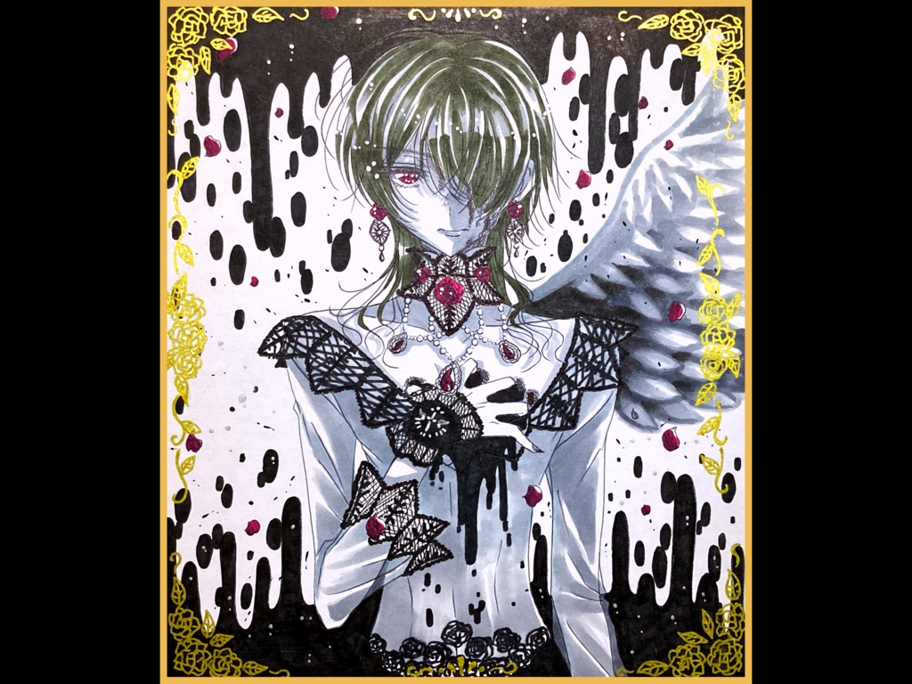 🌹アナログ原画 手描きイラスト色紙 モノクロの美少年🌹