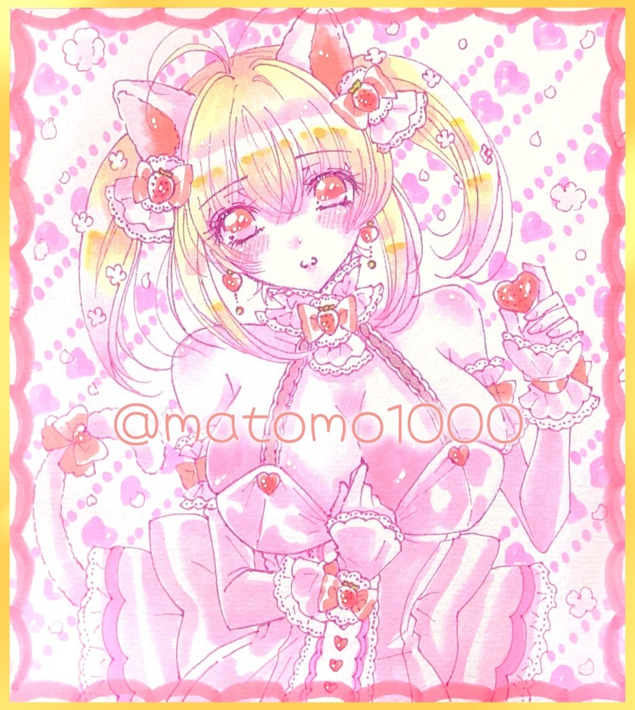 【手描きイラスト色紙】苺🍓ドレスの白猫