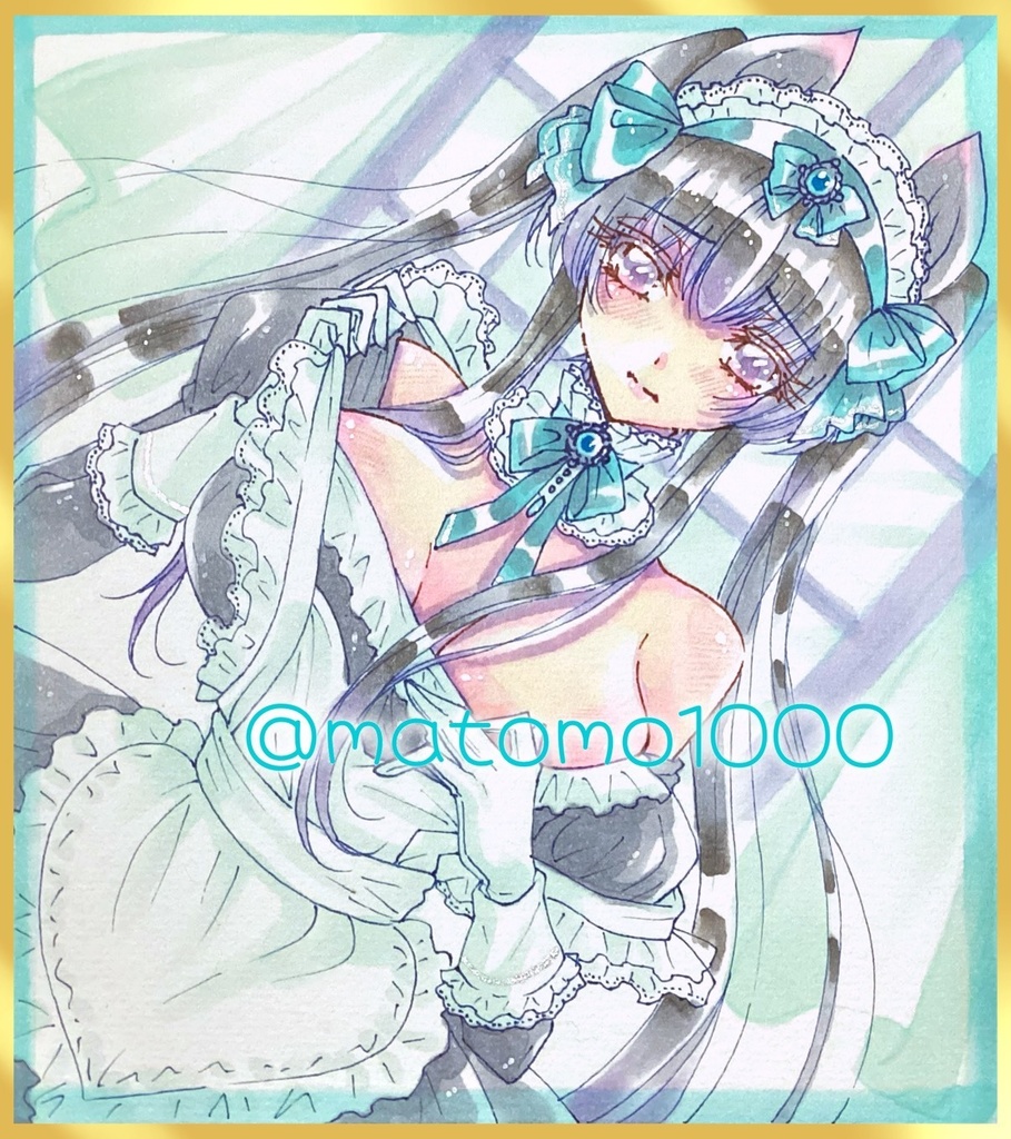 【手描きイラスト色紙】黒髪クラシカルメイド